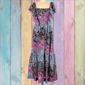 Anthropologie Black Blue Floral Embroidery Off The Shoulders Lined Maxi Dress